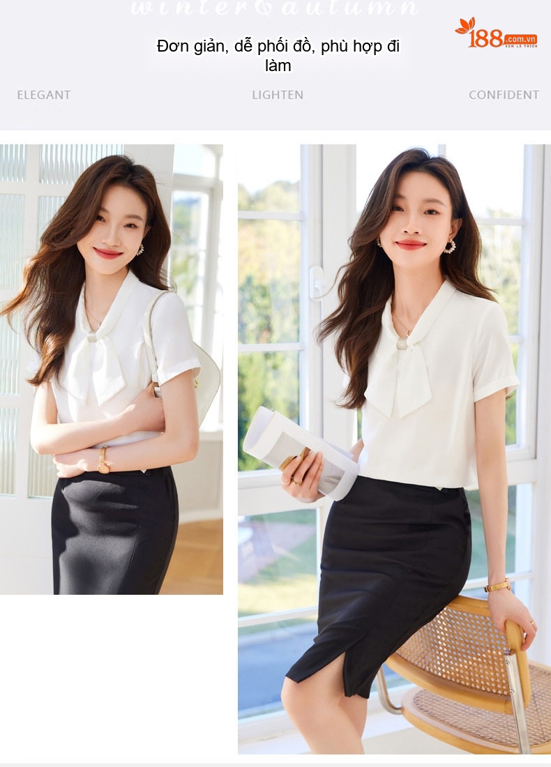 Áo Sơ Mi Nữ Tay Ngắn Cổ Nơ Thiết Kế Dáng Rộng Màu Trắng, Kem chi tiết 5