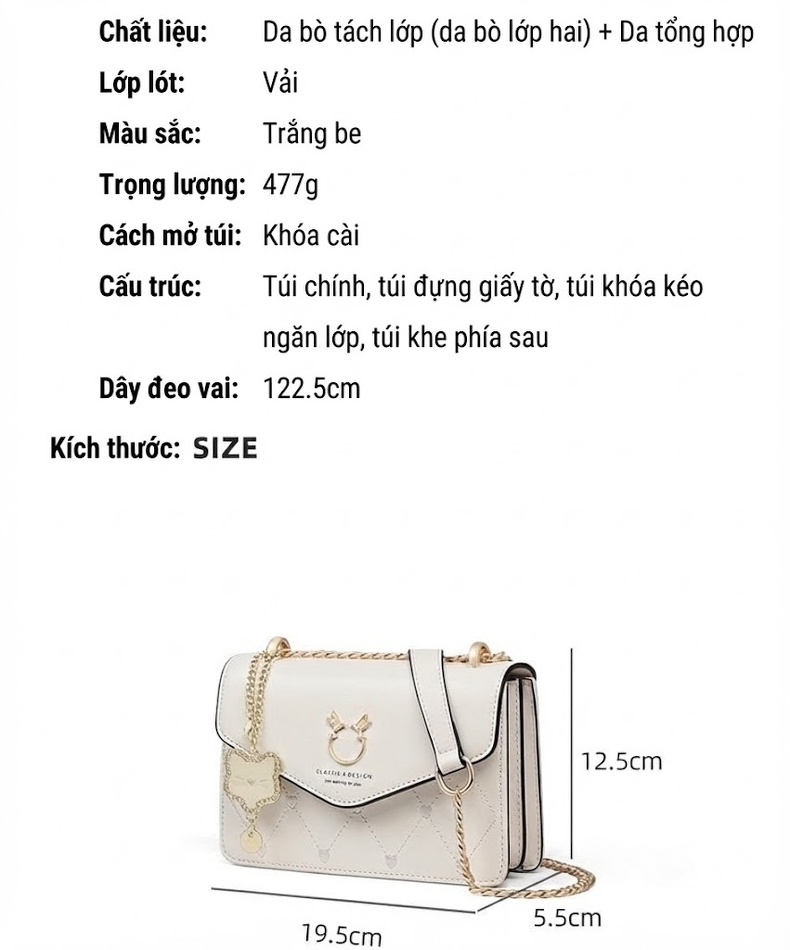 Túi Đeo Chéo Nữ Da Bóng Dây Xích Kiểu Túi Hộp Nhỏ Màu Trắng chi tiết 3