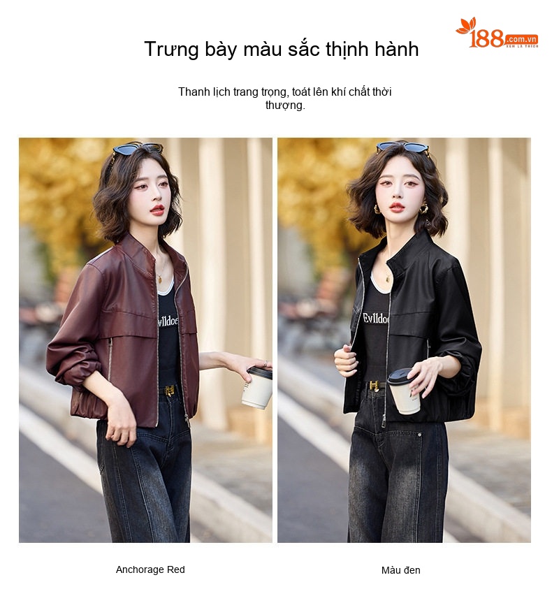 Áo Khoác Da PU Nữ Dáng Ngắn Cổ Trụ Màu Đỏ, Đen chi tiết 11