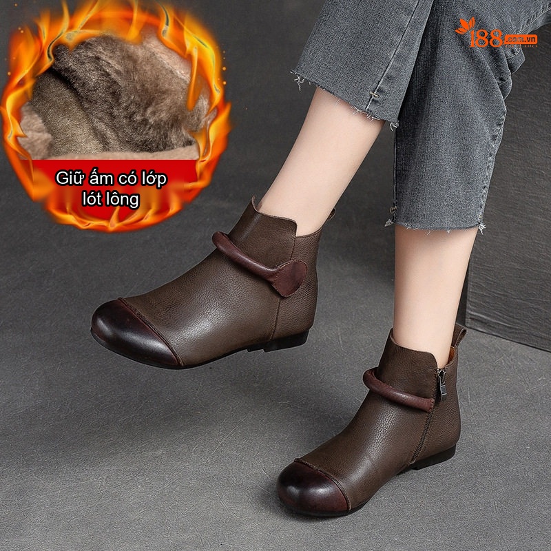 Boot Nữ Cổ Ngắn Lót Lông Giữ Ấm Khóa Kéo Bên Hông Đế Bệt Chiều Cao Đế Khoảng 1cm Màu Nâu