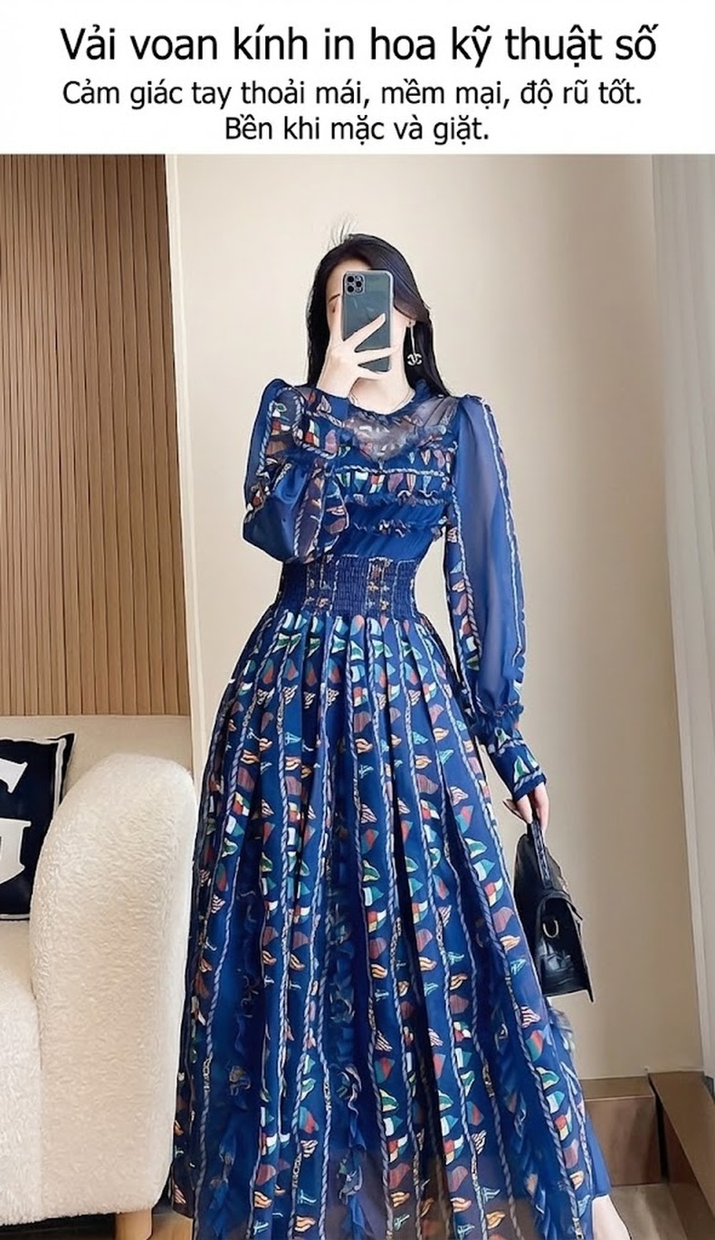 Váy Dài Tay Nữ Họa Tiết Hoa Nhí Phong Cách Pháp Thanh Lịch Màu Xanh, Đỏ chi tiết 4