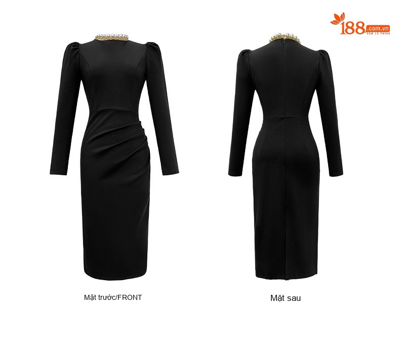 Váy Đầm Ôm Body Nữ Cổ Tròn Đính Ngọc Trai Tay Dài Phong Cách Hepburn Thanh Lịch Màu Đen chi tiết 5