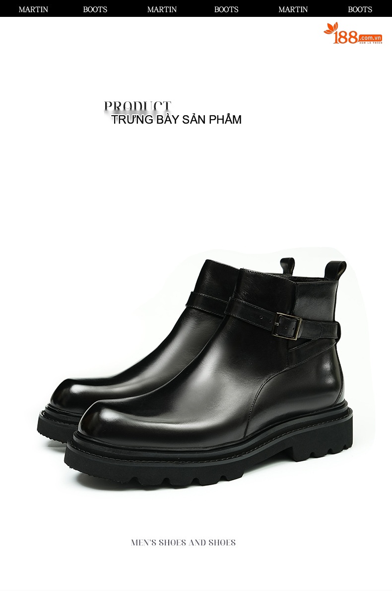 Boot Nam Cao Cổ Da Bò Khóa Cài Phong Cách Anh Quốc Chiều Cao Đế Khoảng 4cm Màu Đen, Nâu Đỏ chi tiết 15