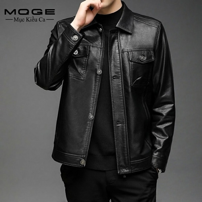 Áo Khoác Da Nam Có Lót Lông Cừu Cổ Bẻ Phong Cách Moto Màu Đen, Nâu