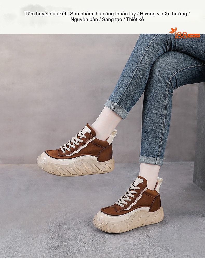 Giày Cao Cổ Nữ Da Bò Buộc Dây Chiều Cao Đế Khoảng 5cm Màu Nâu, Vàng chi tiết 1