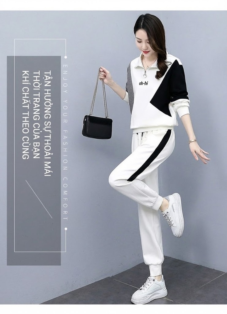 Bộ Đồ Nữ Thu Đông Áo Hoodie Quần Jogger Bo Gấu Phong Cách Thời Trang Trẻ Trung Màu Đen, Xám, Trắng chi tiết 6