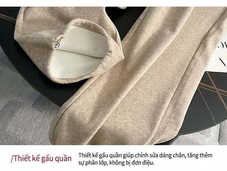 Bộ Quần Áo Nữ Áo Khoác Có Khóa Kéo Quần Ống Rộng Lót Lông Màu Be chi tiết 12