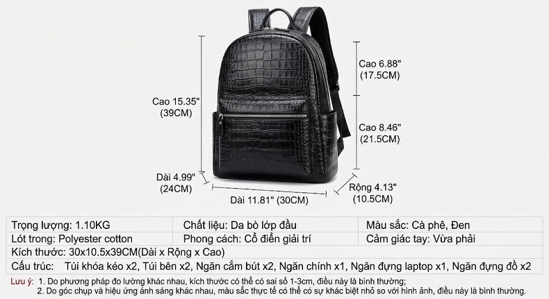 Balo Da Thật Vân Cá Sấu Đeo Vai Nam Phong Cách Thời Trang Màu Đen, Nâu chi tiết 4
