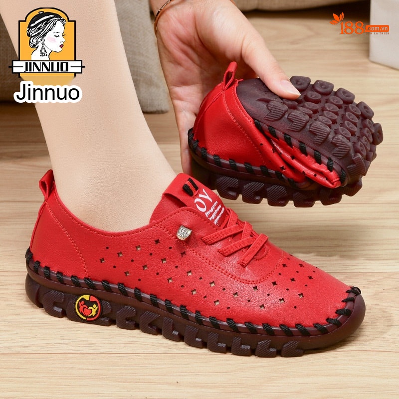 Giày Lười Mùa Hè Nữ Da Mềm Đục Lỗ Thoáng Khí Chiều Cao Đế Khoảng 3cm Màu Trắng, Đỏ, Đen, Nâu