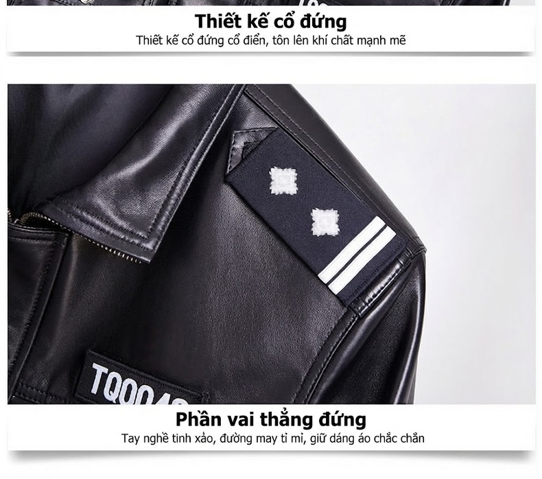 Áo Khoác Da Cừu Nam Cổ Trụ Phong Cách Công Sở Màu Đen chi tiết 7
