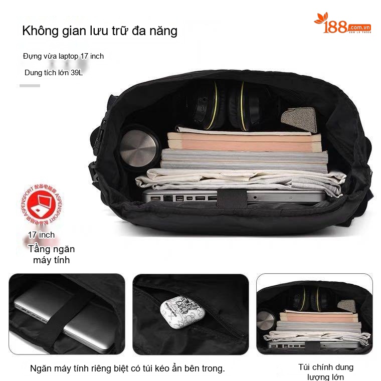 Balo Nam Đeo Lưng Vải Dù Chống Nước Chống Sốc Laptop Đi Học Du Lịch Leo Núi Màu Đen chi tiết 8