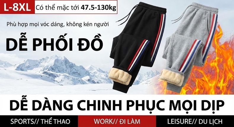 Quần dài nam ống bo dáng rộng lót lông thể thao thu đông chi tiết 3