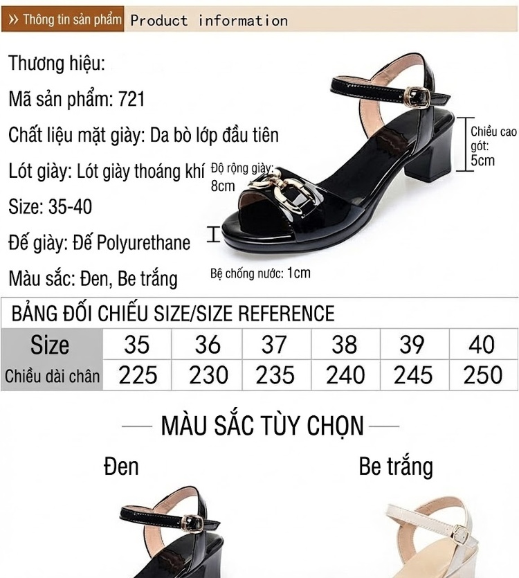 Giày Sandal Cao Gót Nữ Quai Ngang Da Bóng Gót Cao 7cm - 8cm Màu Đen, Kem chi tiết 3