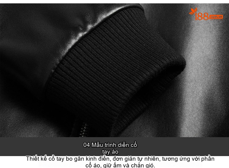 Áo Khoác Da Cừu Thật Nam Dáng Bomber Ngắn Cổ Trụ Màu Đen chi tiết 7