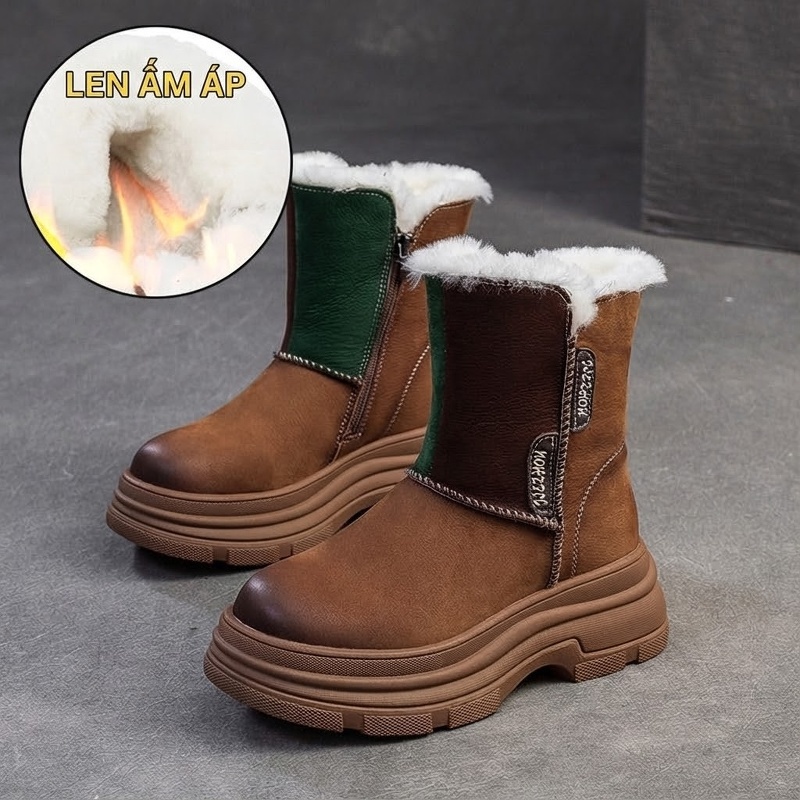Boot Nữ Cổ Lửng Lót Lông Cừu Đế Dày Phong Cách Retro Chiều Cao Đế Khoảng 5cm Màu Nâu, Xanh Lá