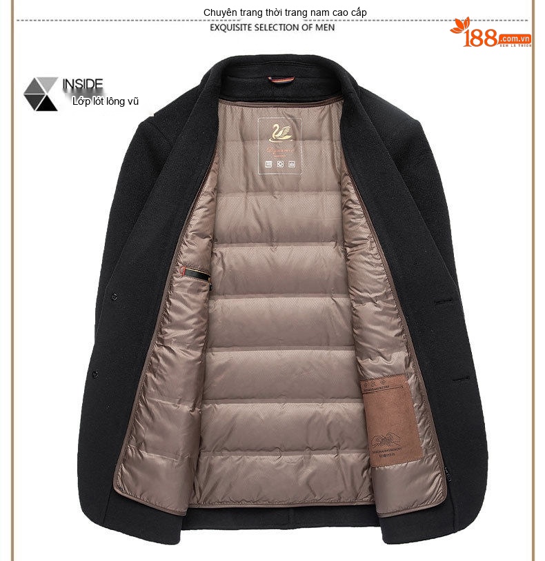 Áo Khoác Blazer Nam Hai Mặt Lông Cừu Áo Phao Lót Lông Vũ Có Thể Tháo Rời Màu Đen, Nâu, Xám chi tiết 7