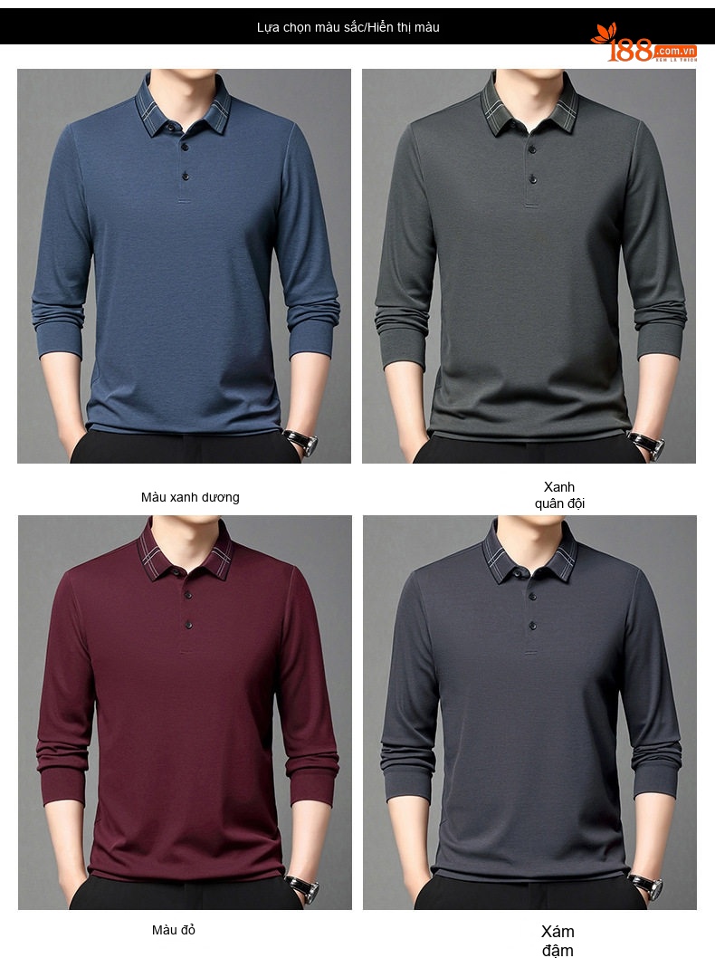 Áo Thun Polo Nam Tay Dài Cotton Thoải Mái Chống Nhăn Phong Cách Công Sở Màu Xám, Xanh, Đỏ chi tiết 6