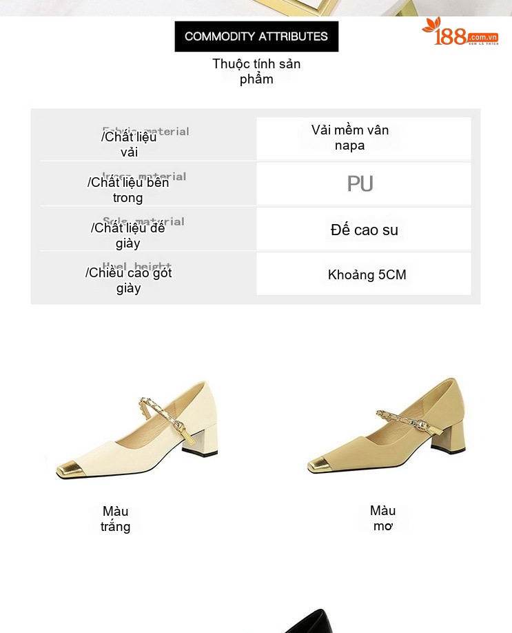 Giày Mary Jane Nữ Da Mờ Khóa Chữ T Chiều Cao Đế Khoảng 5cm Màu Đen, Kem, Vàng Be chi tiết 2