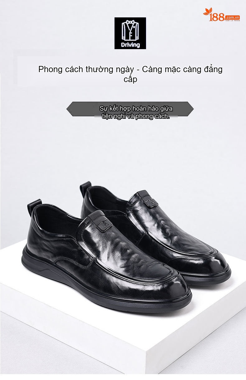 Giày Lười Nam Da Bò Cao Cấp Chiều Cao Đế Khoảng 3cm Màu Đen chi tiết 1