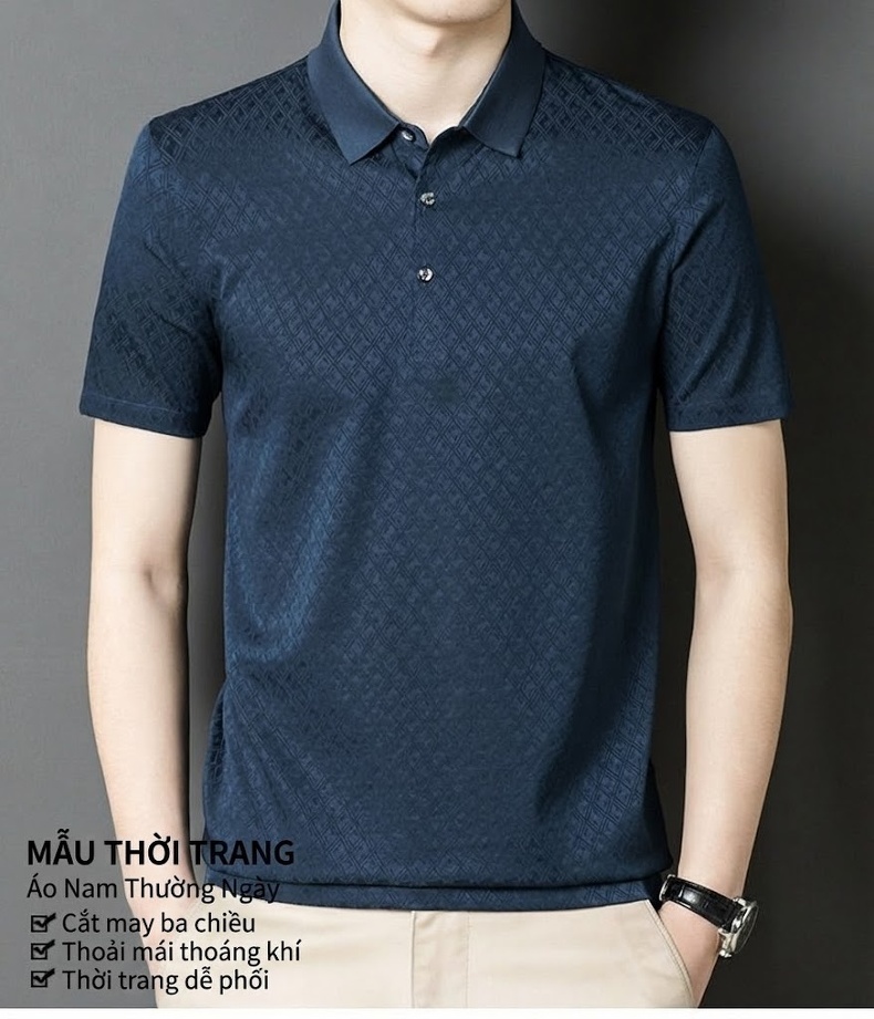 Áo Thun Polo Nam Tay Ngắn Trung Niên Lụa Tơ Tằm Dáng Rộng Màu Trắng, Xanh Navy chi tiết 2