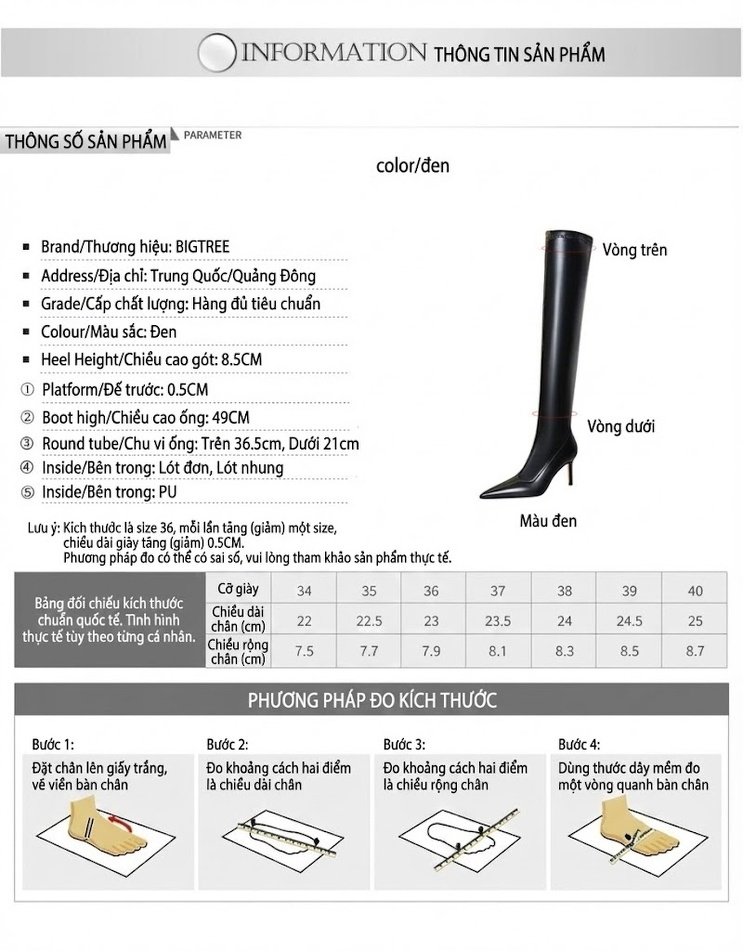 Boot Nữ Da Bóng Ôm Chân Chiều Cao Đế Khoảng 8cm Màu Đen chi tiết 1