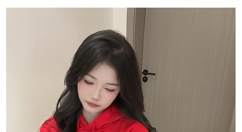 Bộ Đồ Nỉ Hoodie Nữ Phong Cách Tiểu Thư Thời Trang Trẻ Trung Lót Lông Màu Đỏ chi tiết 14