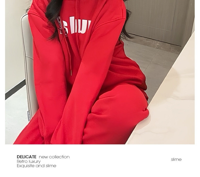 Bộ Đồ Nỉ Hoodie Nữ Phong Cách Tiểu Thư Thời Trang Trẻ Trung Lót Lông Màu Đỏ chi tiết 15