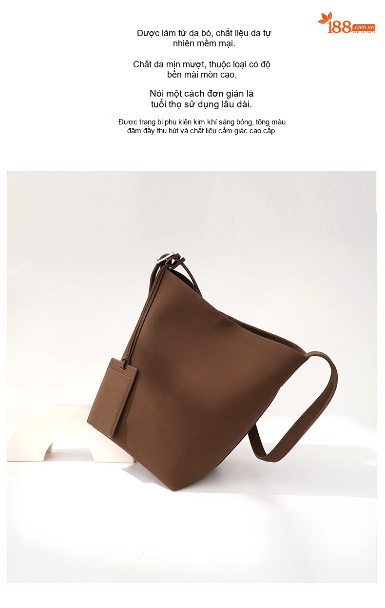 Túi Xách Tay/Đeo Vai Nữ Da Bò Mềm Kiểu Bucket Retro Công Sở Dung Tích Lớn Màu Nâu chi tiết 3