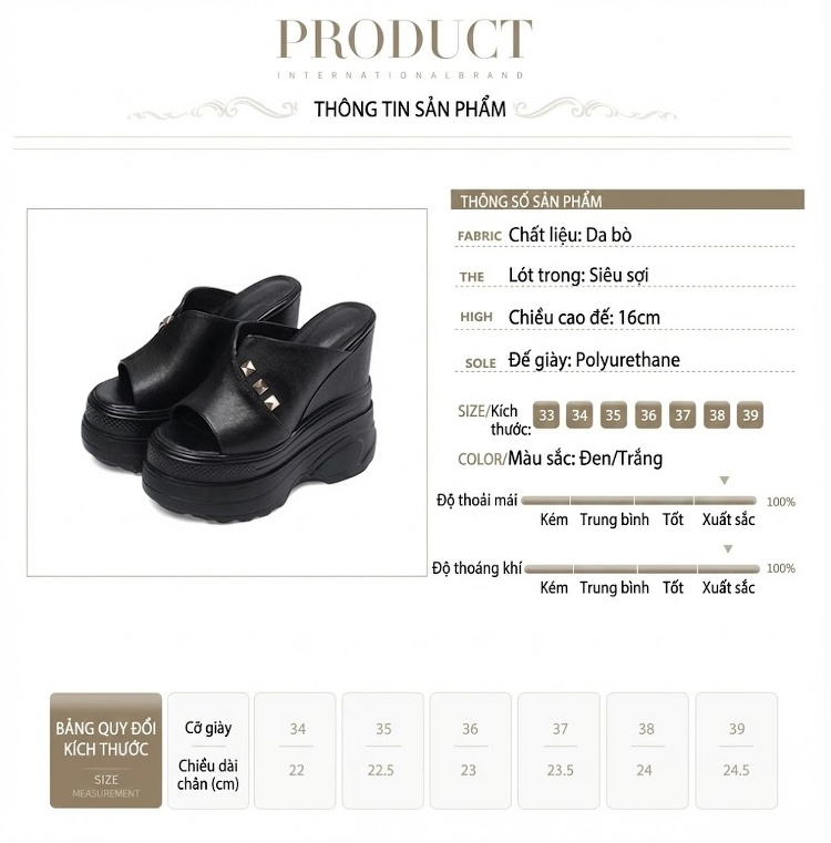 Dép Sục Nữ Đế Xuồng Da Bóng Tăng Chiều Cao 16cm Phong Cách Casual Màu Đen, Trắng chi tiết 2