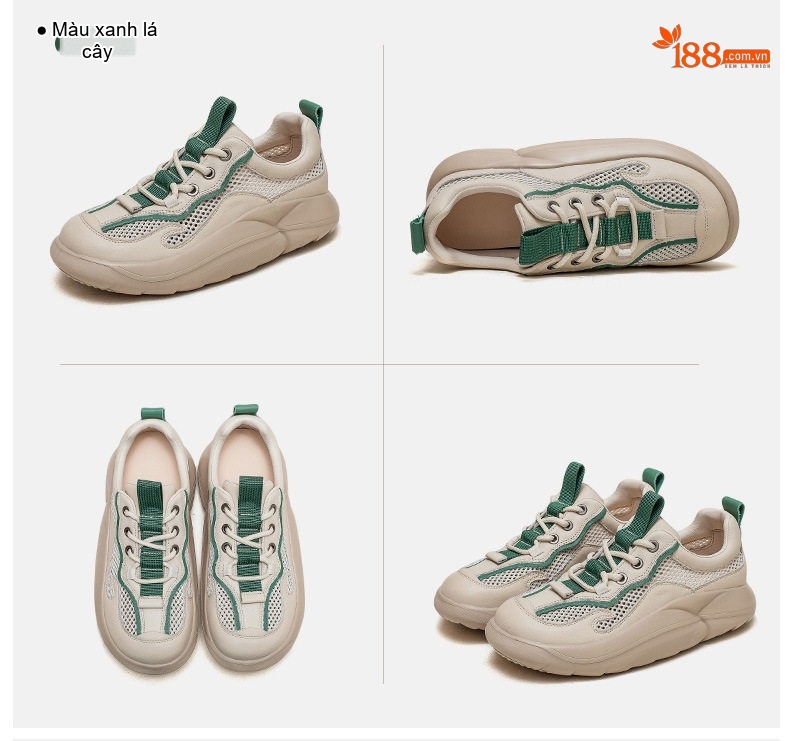 Giày Thể Thao Nữ Da Bò Phối Lưới Buộc Dây Đế Bánh Mì Đế Cao 4cm - 5cm Màu Kem, Xanh Lá, Cam chi tiết 16