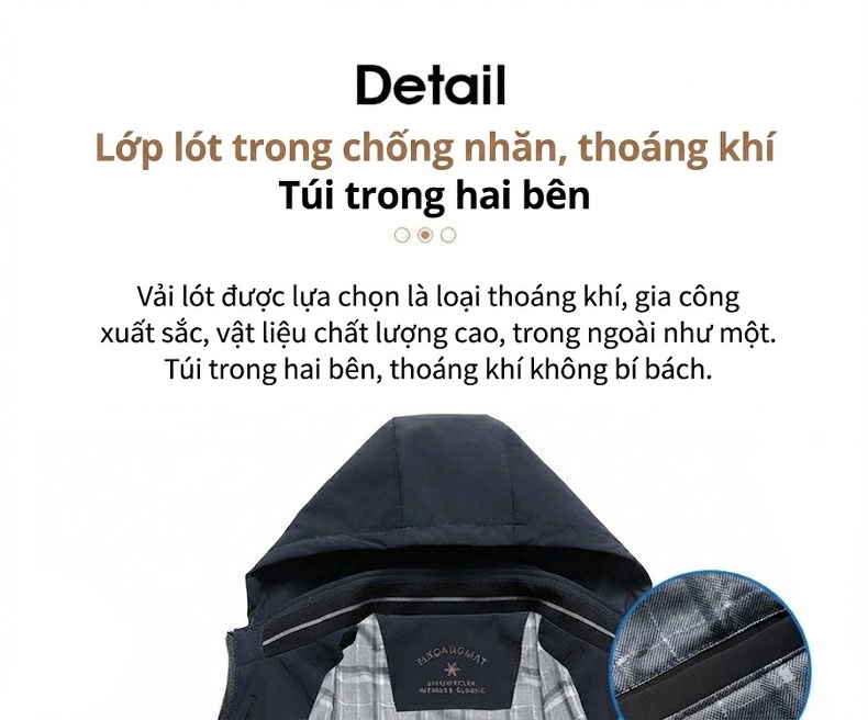 Áo Khoác Bông Nam Có Mũ Trùm Đầu Cotton Lót Lụa Tằm Ngắn Tay Giữ Ấm Màu Đen, Xanh Navy chi tiết 9