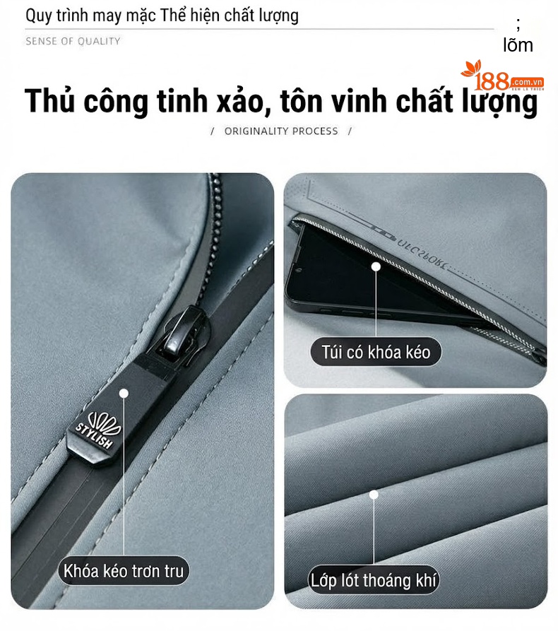 Áo Khoác Bomber Nam Cổ Trụ Dáng Ôm Vừa Vặn Màu Xanh Navy, Xám chi tiết 8