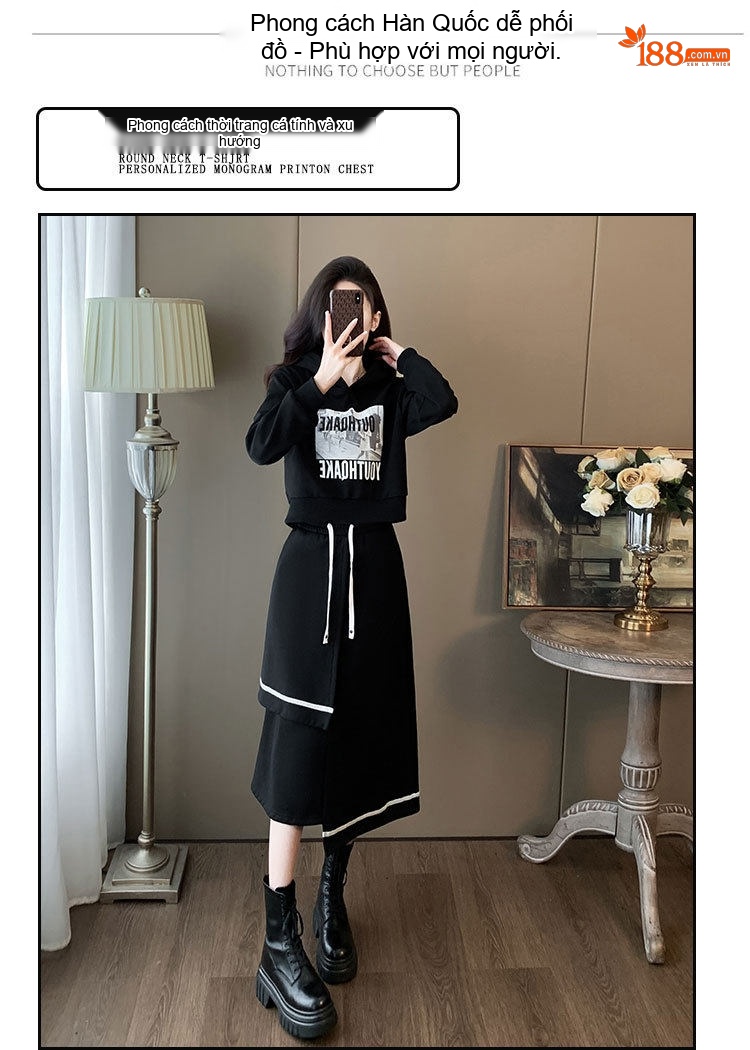 Set Bộ Áo Hoodie và Chân Váy Dáng Dài Lót Lông Màu Đen chi tiết 3