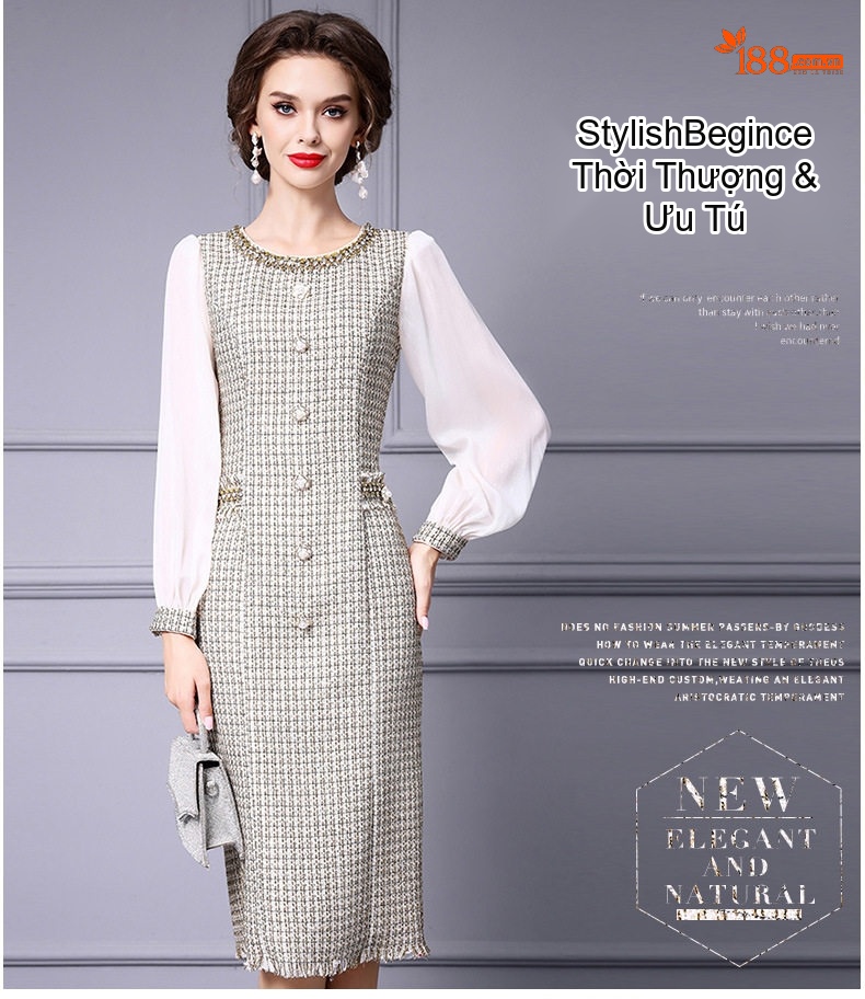 Váy Liền Thân Ôm Body Phong Cách Tiểu Thư Họa Tiết Tweed Dự Tiệc Sang Trọng Màu Xám, Trắng, Đen chi tiết 17