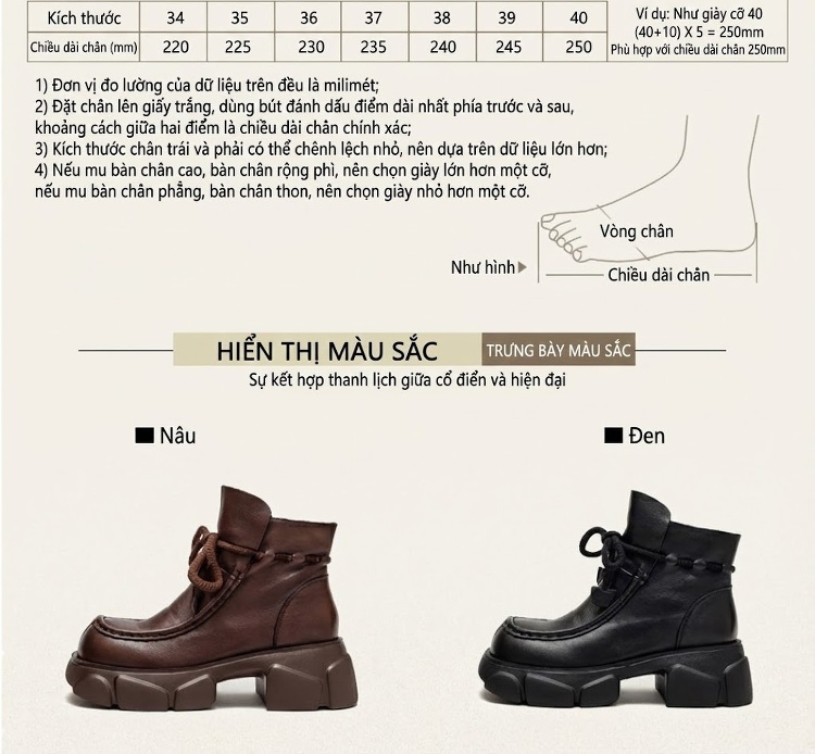 Boot Nữ Da Bò Cổ Ngắn Đế Bánh Mì Chiều Cao Đế Khoảng 5cm Màu Đen, Nâu chi tiết 3