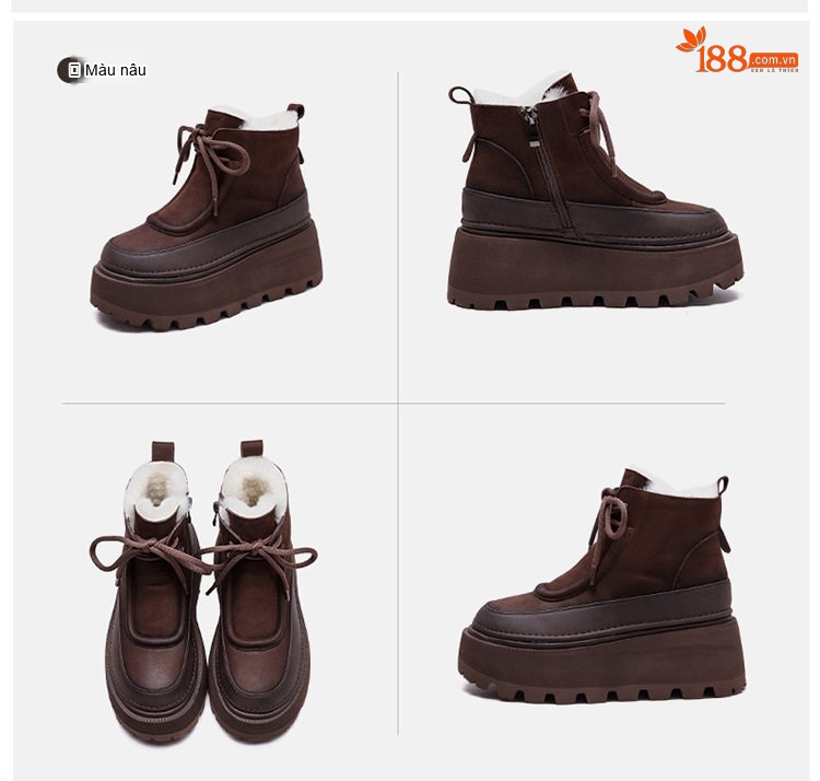 Boot Nữ Da Mờ Lông Cừu Non Mùa Đông Ấm Áp Chiều Cao Đế Khoảng 6cm Màu Nâu chi tiết 17