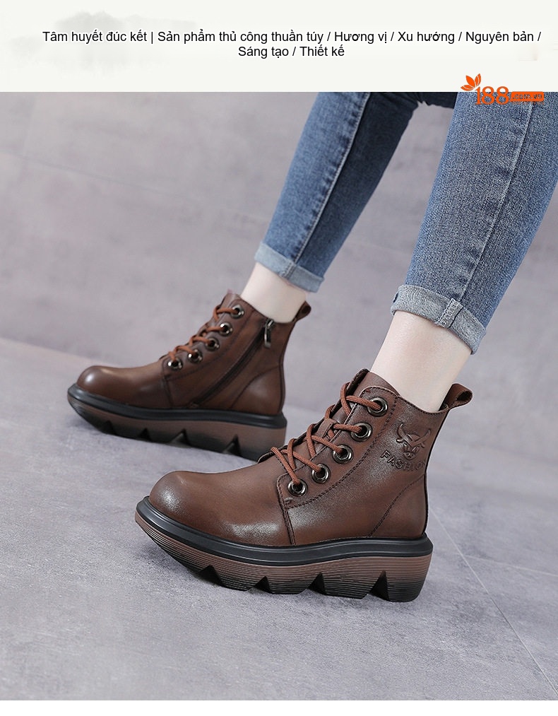 Boot Nữ Da Bò Cổ Cao Phong Cách Anh Quốc Chiều Cao Đế Khoảng 5cm Màu Nâu, Đen chi tiết 1