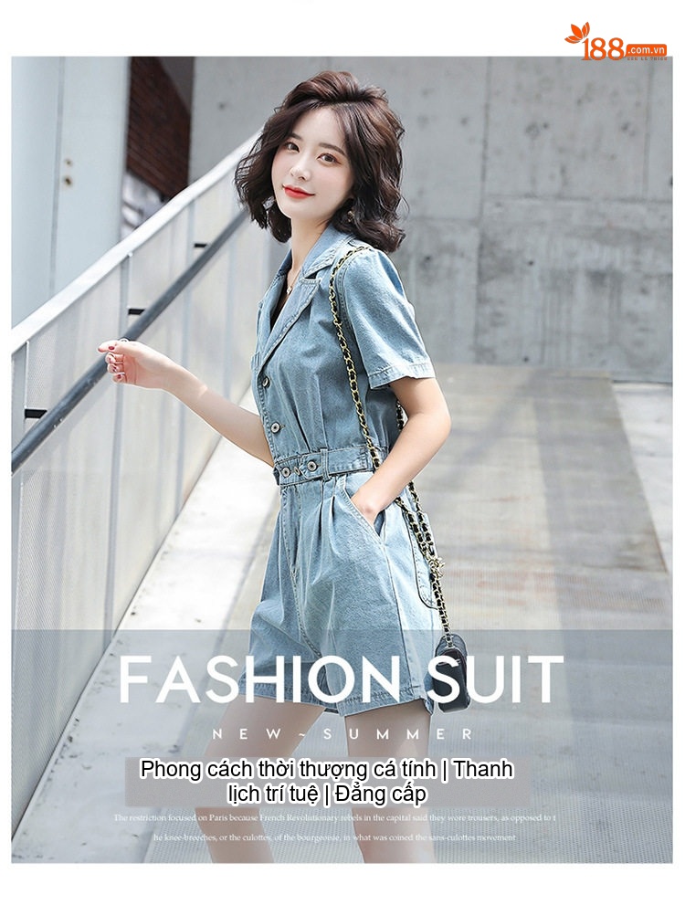 Jumpsuit Quần Short Nữ Jean Cotton Tay Ngắn Cổ chữ Vest Dáng Ôm Phong Cách Hàn Quốc Màu Xanh chi tiết 4