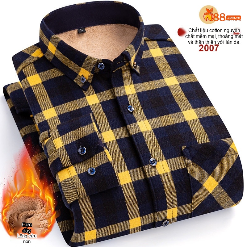 Áo Sơ Mi Nam Ca Rô Lông Cừu Non Cotton Dày Dặn Giữ Ấm Màu Đen, Đỏ, Xanh Dương, Xanh Lá...