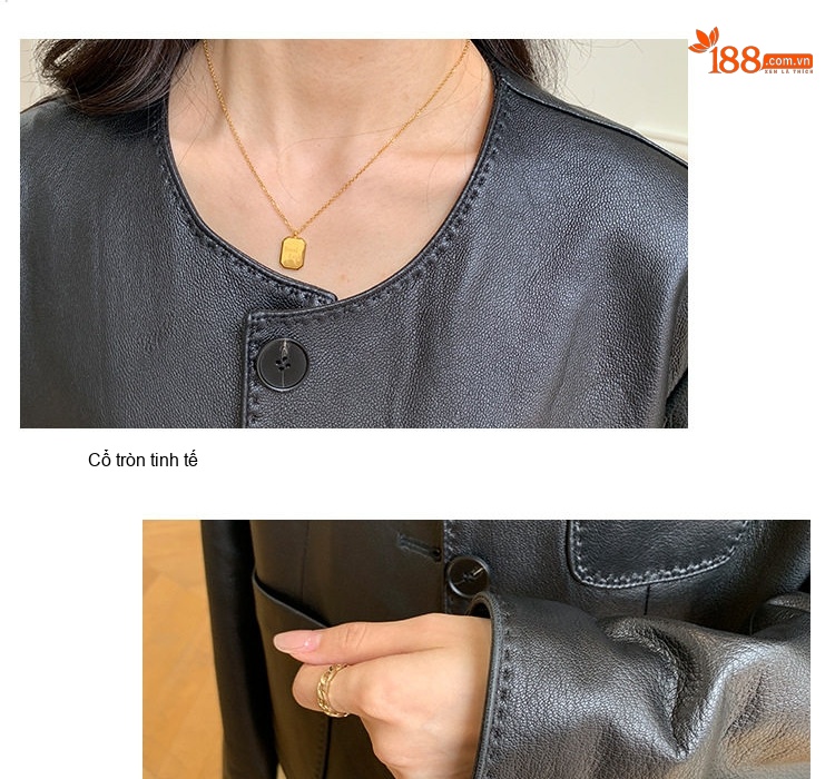 Áo Khoác Da Nữ Da Cừu Nhập Khẩu Dáng Ngắn Cổ Tròn Phong Cách Tiểu Thư Màu Đen chi tiết 7