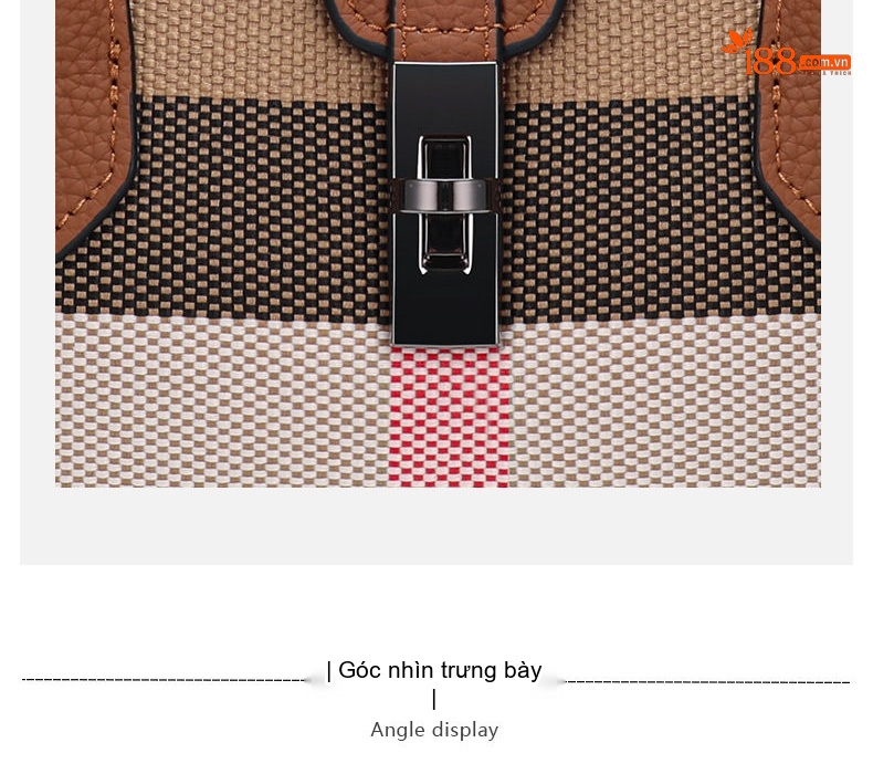 Túi Tote Nữ Da Bò Kết Hợp Vải Bố Họa Tiết Kẻ Sọc Thời Trang Màu Nâu Caramel chi tiết 11