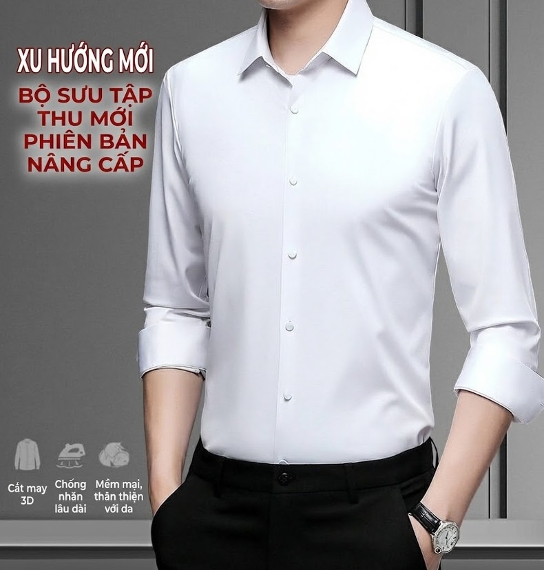 Áo Sơ Mi Nam Dài Tay Dệt Kim Không Nhăn Phong Cách Công Sở Màu Đen, Trắng, Xanh, Xám... chi tiết 2