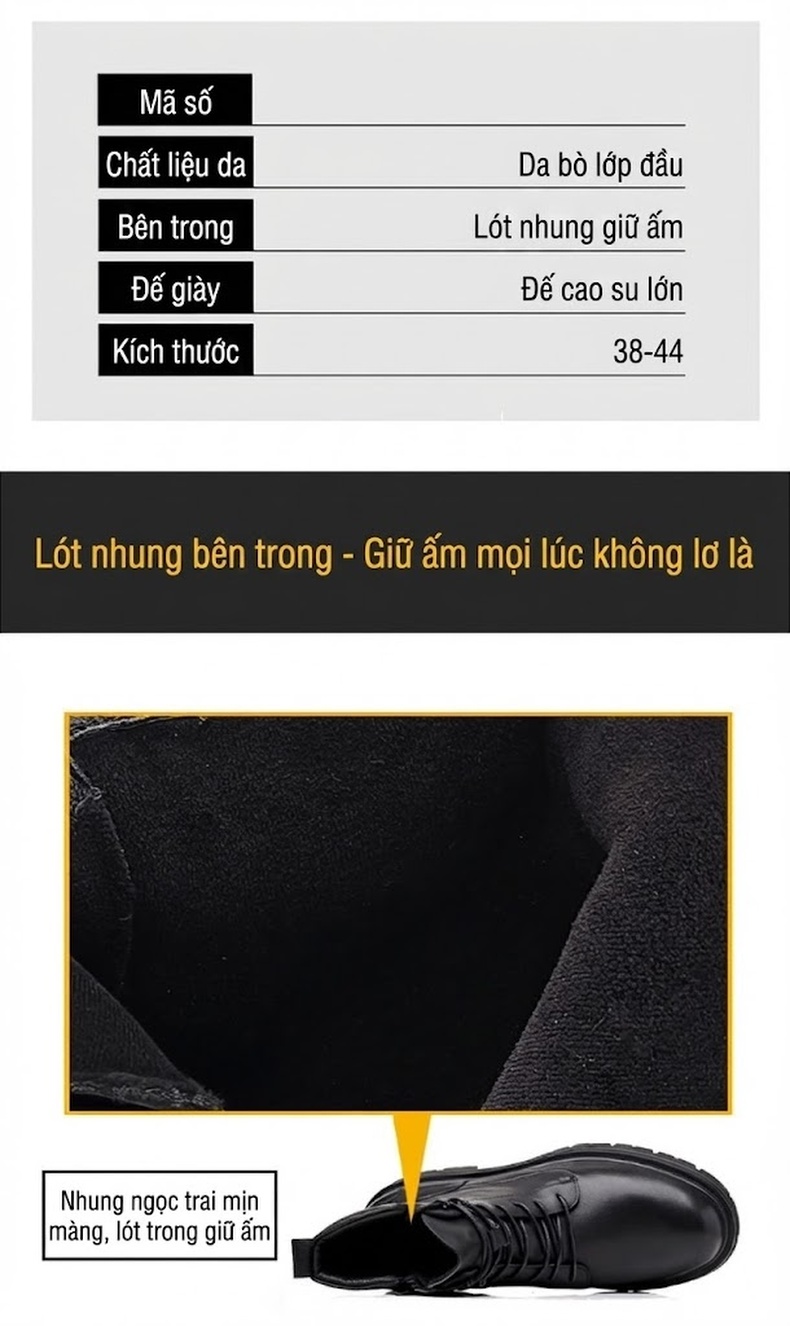 Boot Martin Nam Da Bò dáng chữ Anh Quốc Đế Dày Chiều Cao Đế Khoảng 5cm Màu Đen chi tiết 4
