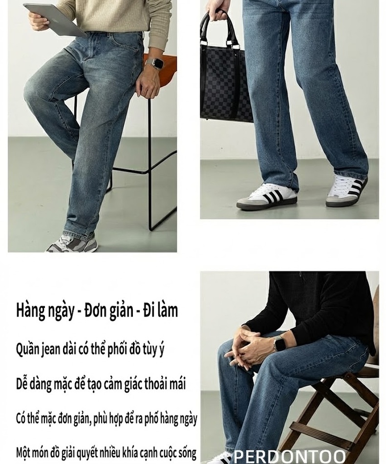 Quần Jean Nam Dáng Rộng Vừa Phải Phong Cách Retro Đường Phố Chất Vải Denim Xanh Dương chi tiết 7