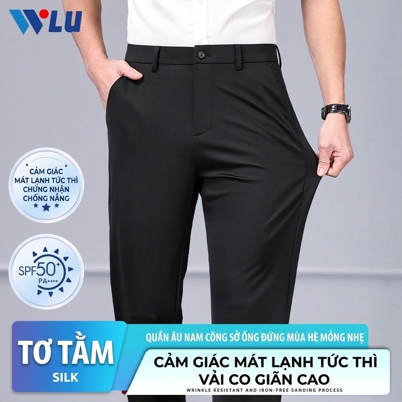 Quần Âu Nam Lụa Tơ Tằm Mỏng Mát Co Giãn Thoáng Khí Dáng Suông Màu Đen, Xám