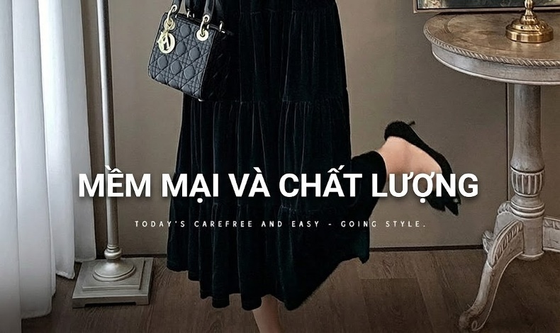 Váy Nhung Dài Tay Thu Đông Dáng Dài Thêu Hoa Chiết Eo Phong Cách Pháp Màu Xanh Đen chi tiết 4