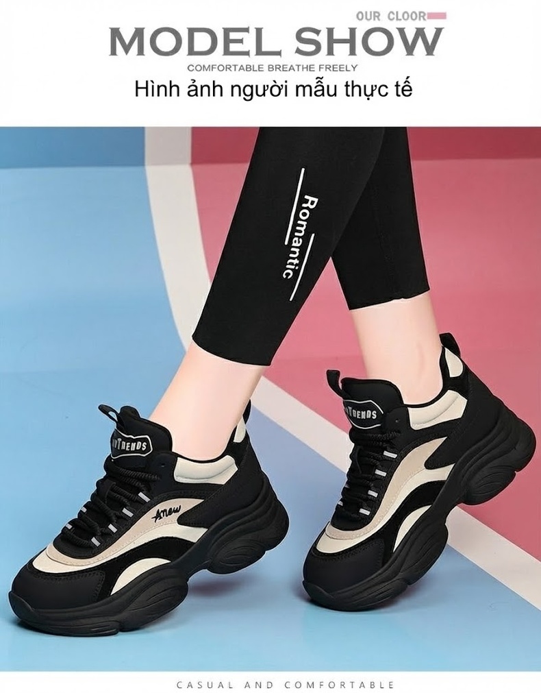 Giày Sneaker Nữ Đế Dày Tăng Chiều Cao Khoảng 5cm Kiểu Dáng Thể Thao Màu Đen, Trắng, Nâu, Kem... chi tiết 4