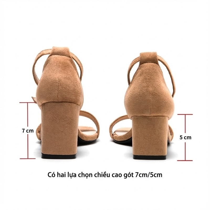 Giày Sandal Cao Gót Nữ Hở Ngón Quai Ngang Nỉ Gót Cao 7cm Màu Be, Đen