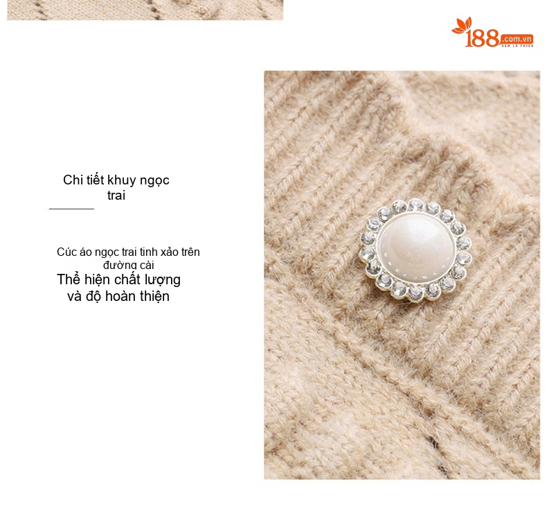 Váy Dệt Kim Nữ Cổ chữ V Đính Cúc Ngọc Trai Phối Ren Phong Cách Quý Cô Màu Be, Đen, Hồng chi tiết 10