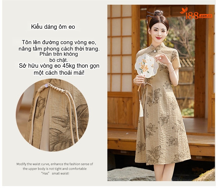 Váy A Dáng Xòe Nữ Cổ Tàu Họa Tiết Hoa Nhí Chiết Eo Phong Cách Tân Cổ Điển Màu Kem chi tiết 6